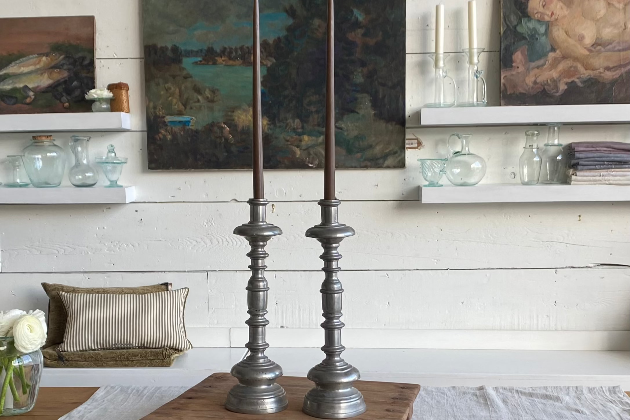 Antique Mallorcan Candle Holders - Pewter Pair